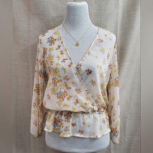 Meraki Womens Sheer Floral Blouse Ivory Orange Yellow Long Sleeve V Neck Size Sm